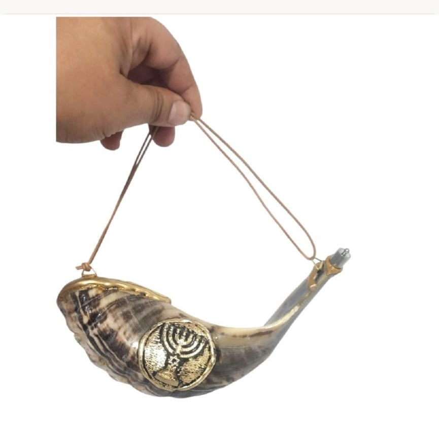 Hand holding a ram's horn anointing oil vessel by its hanging cord