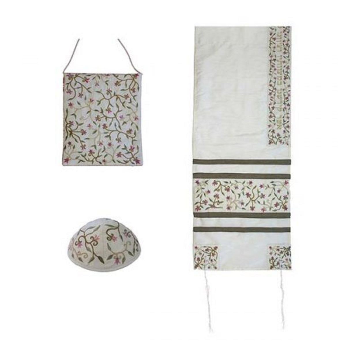Women Tallit Prayer Shawl 100% Kosher Embroidered With Flowers Include Matching Bag & yarmulka, White Color