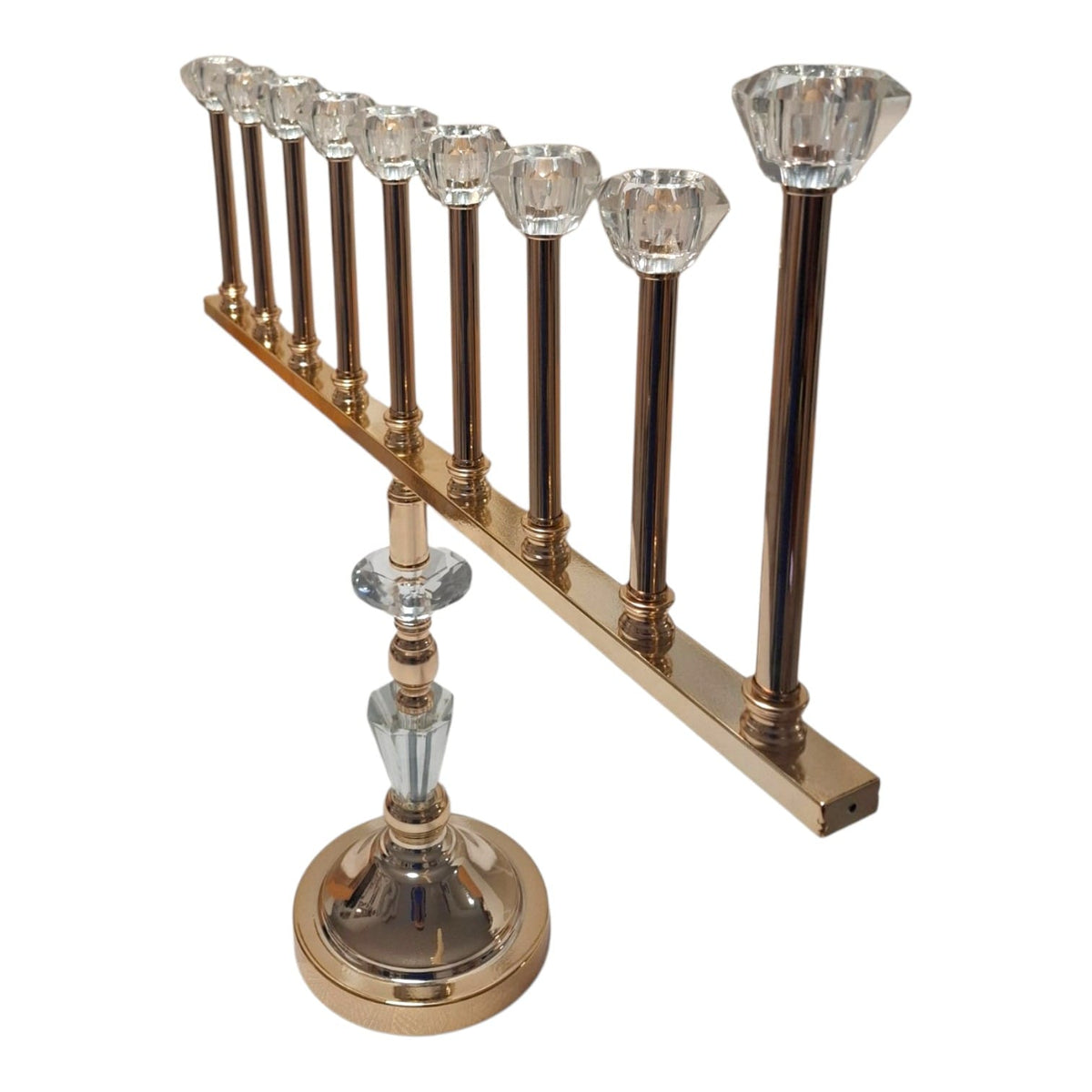 Crystal Hanukkah menorah, gold tone stand and crystal cups, side angle