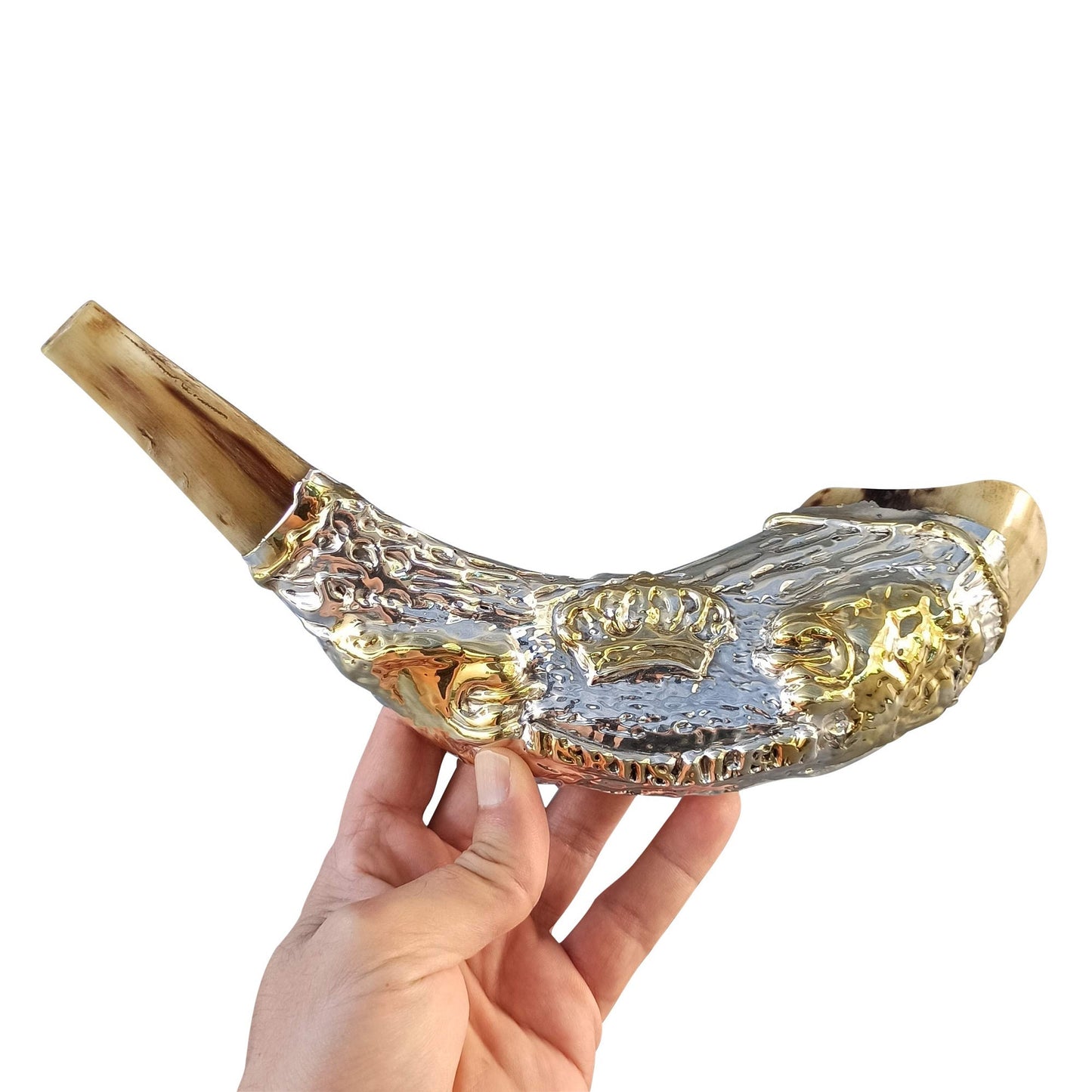 Jewish Shofar Ram Horn 12 -14 Inch Decorated With Lion Of Judah Silver Plated Comes With Velvet Bag