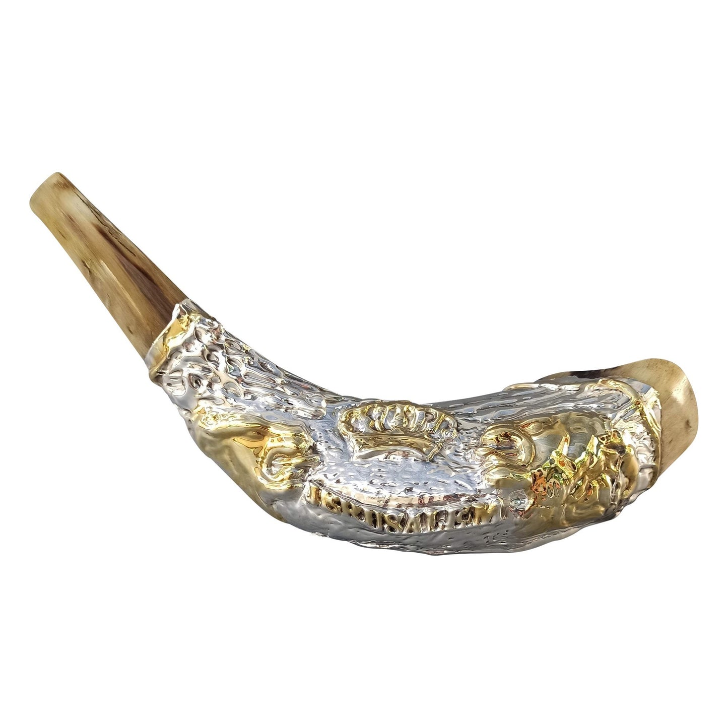 Jewish Shofar Ram Horn 12 -14 Inch Decorated With Lion Of Judah Silver Plated Comes With Velvet Bag