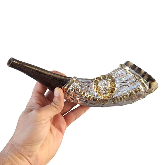 Jewish Shofar Ram Horn 12 -14 Inch With Lion Silver Plated And Bag