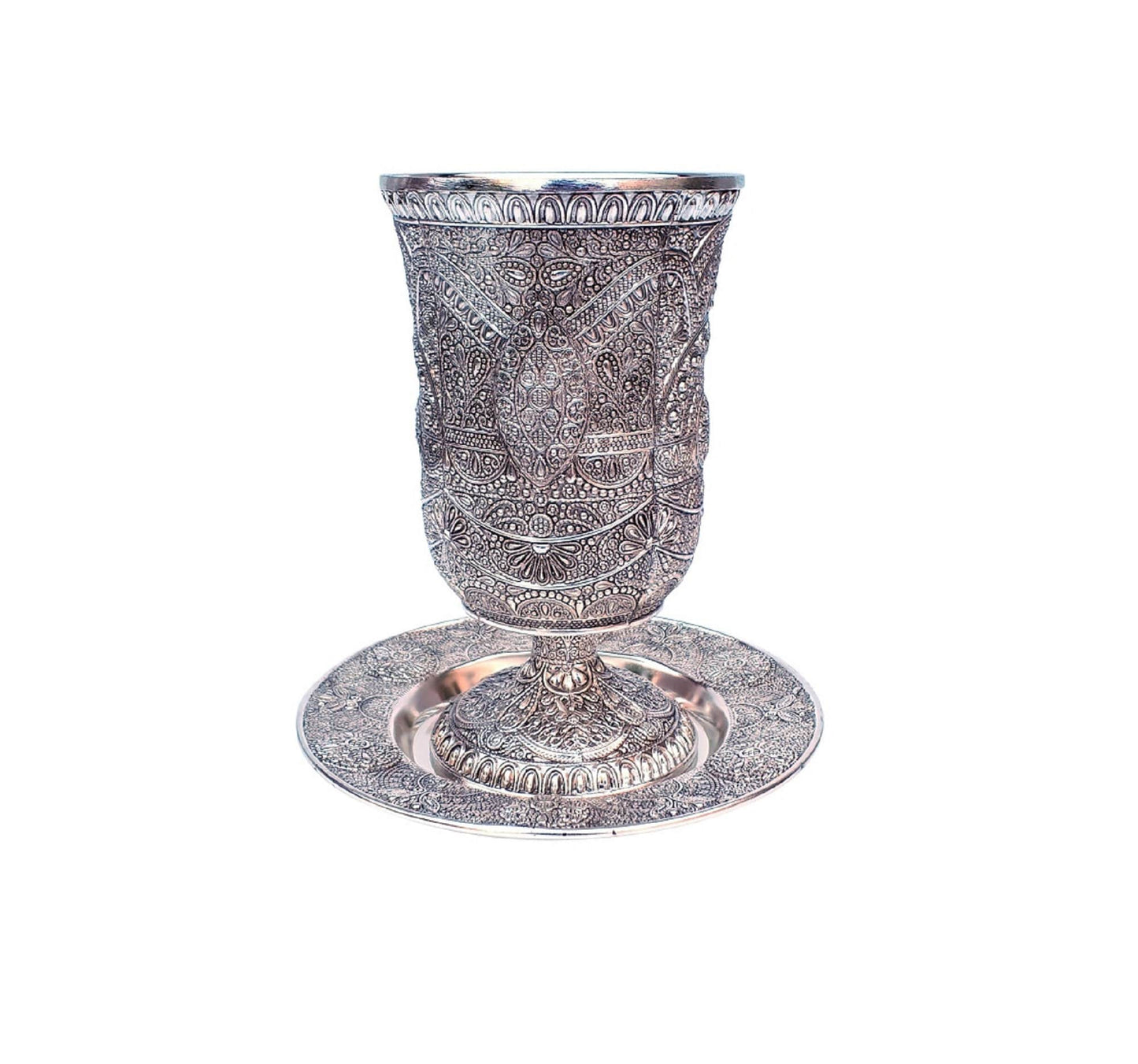 Kiddush Cup Goblet Silver Plated & Plate Filigree Design
