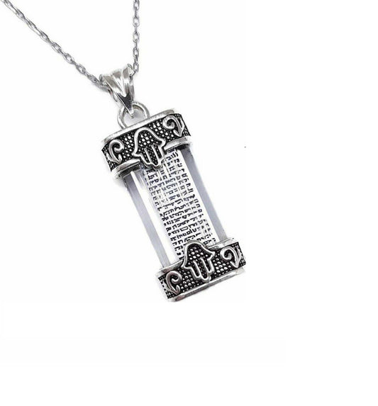 Mezuzah Necklace Pendant & Evil Eye Hamsa Hand 925 Silver With shema israel Jewish prayer Scroll Plus Chain
