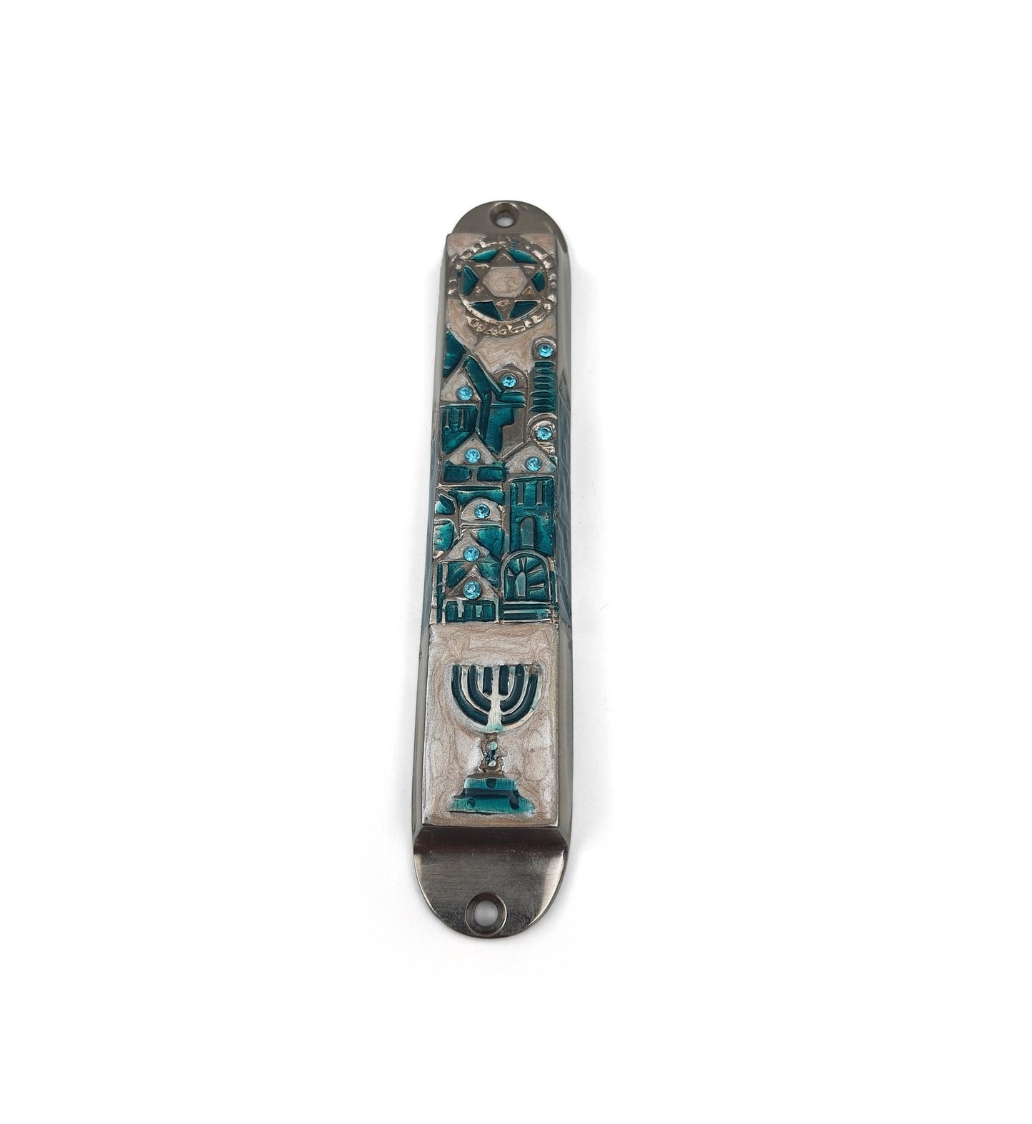 Jerusalem Design Door Mezuzah Case - For 10 cm Scroll with enamel And Stones