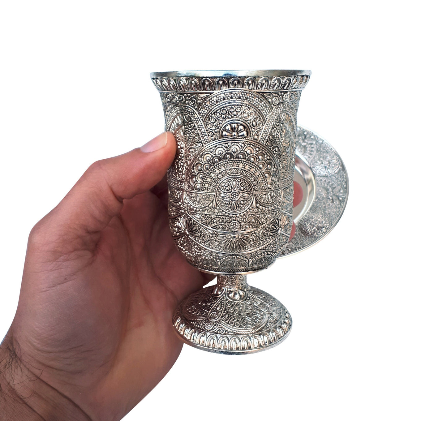 Kiddush Cup Goblet Silver Plated & Plate Filigree Design