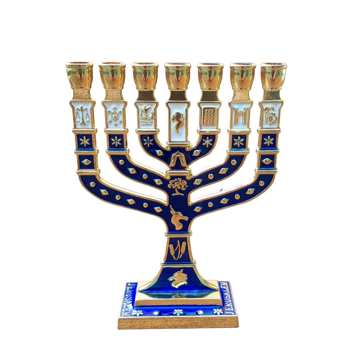 Seven Branches Menorah Candlebra Metal Made With Enamel 10.5 Inch