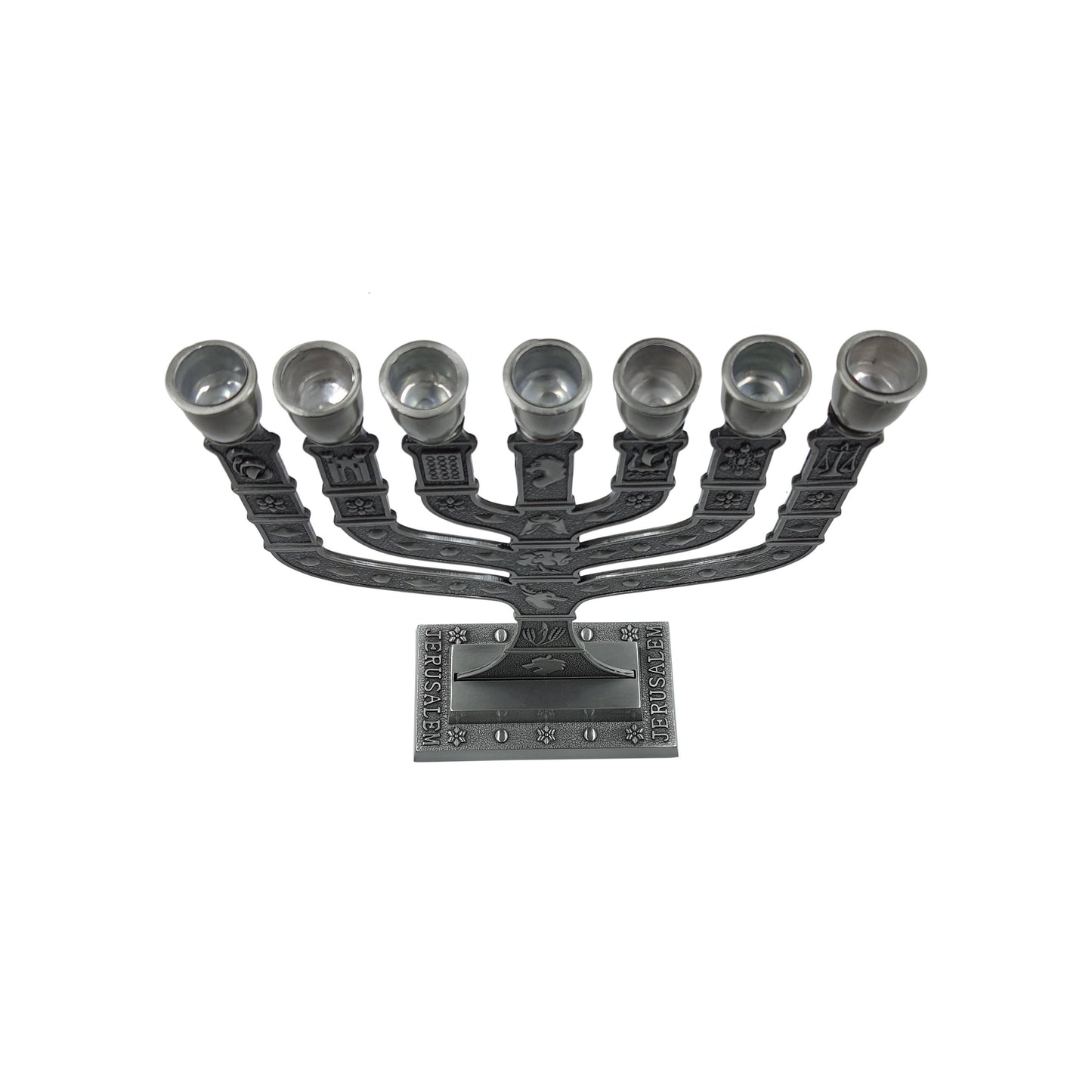 Seven Branch Menorah Candles Holder 10 Inches Height Decorated With 12 Signs Of Israel Tribes Silver Color