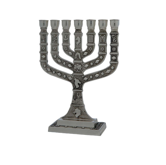 Seven Branch Menorah Candles Holder 10 Inches Height Decorated With 12 Signs Of Israel Tribes Silver Color