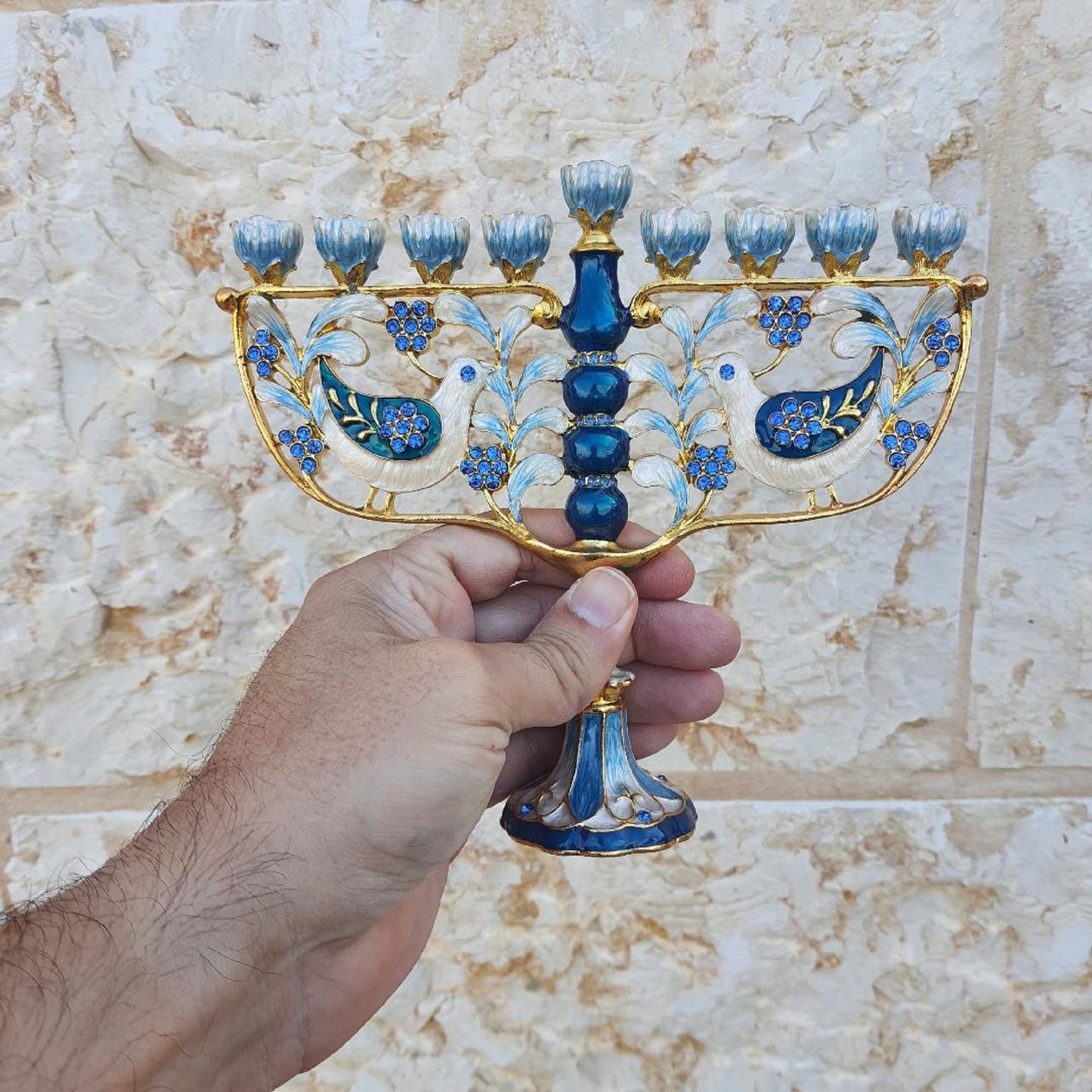 Hanukkah Menorah - Jewish Chanukkiha 6.5 Inch Height Decorated With Enamel