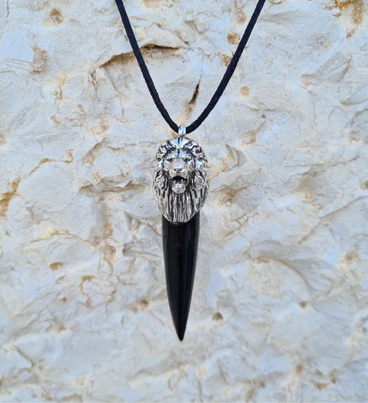 Lion Of Judah Pendant with The Tip Of Kudu Horn Shofar, Silver Plated Lion Combine with a Natural Tip of Shofar Neclace