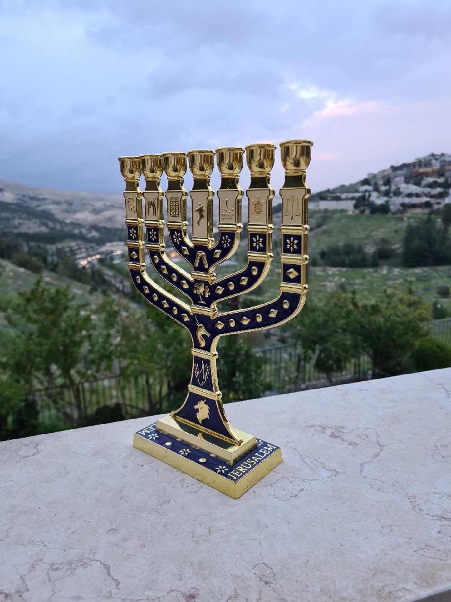 Seven Branches Menorah Candlebra Metal Made With Enamel 10.5 Inch