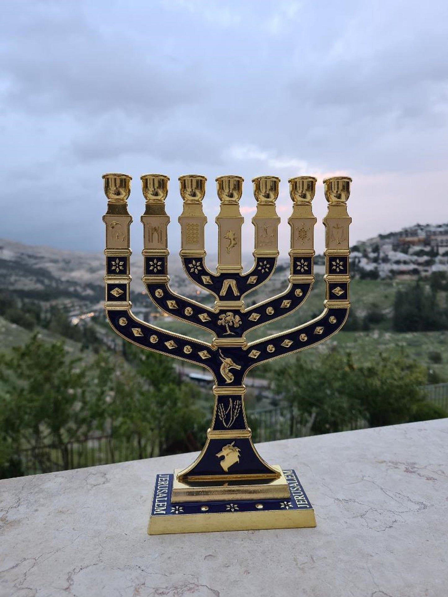Seven Branches Menorah Candlebra Metal Made With Enamel 10.5 Inch