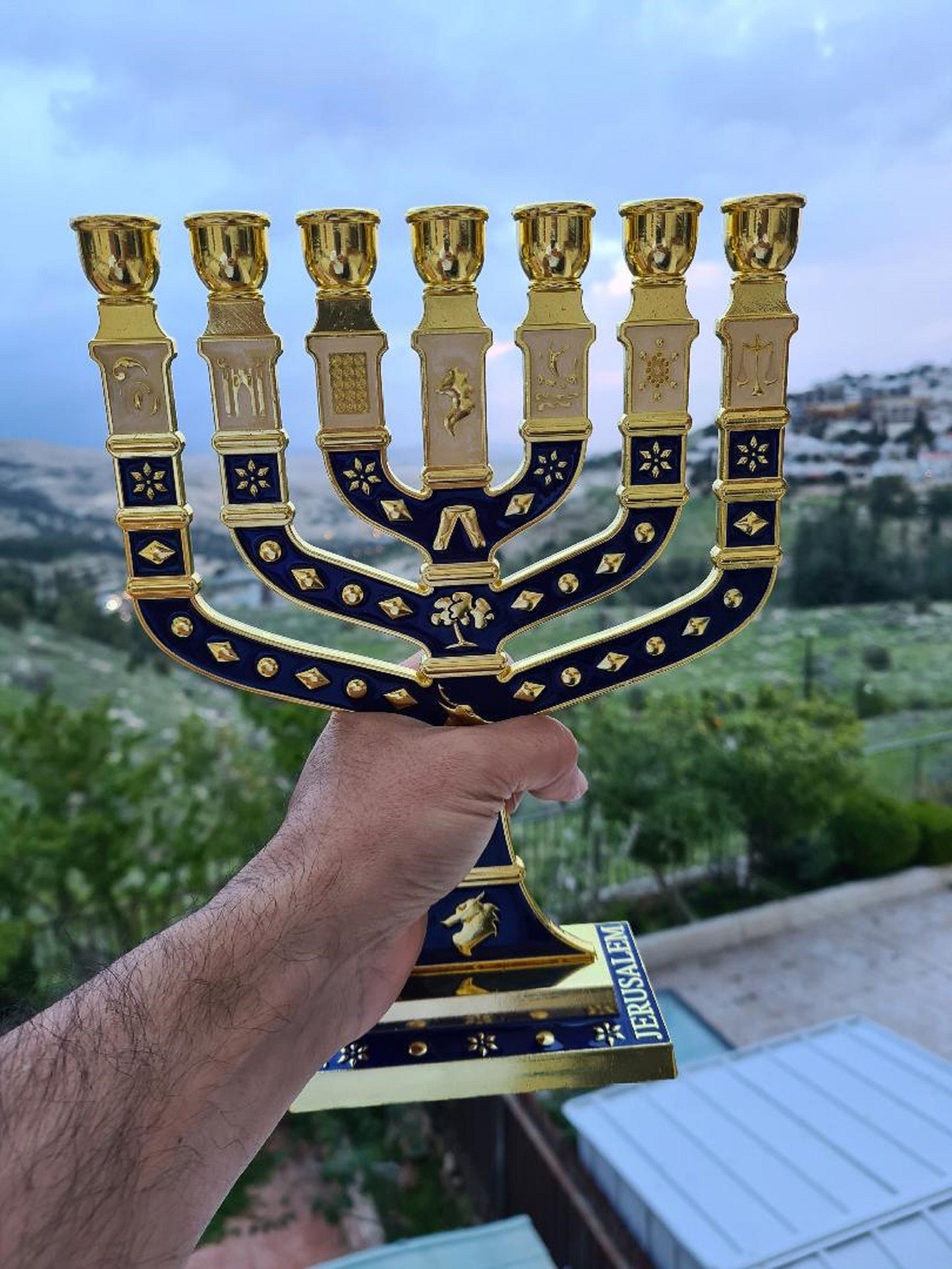 Seven Branches Menorah Candlebra Metal Made With Enamel 10.5 Inch