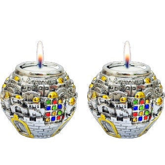 Jerusalem Balls Shabbat Candle Holders Silver Plated Pair Of 2 Candlestick Holders