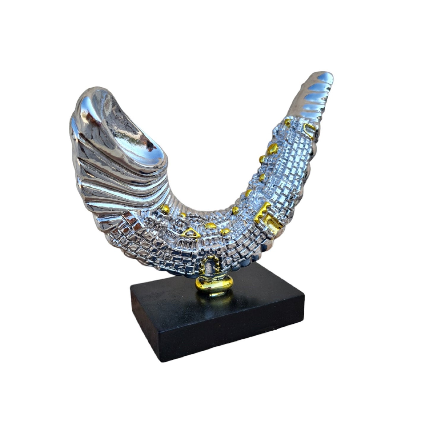 Jerusalem Silver Plated Shofar Rams Horn , Replica of Jewish Shofar Silver Plated With Jerusalem View