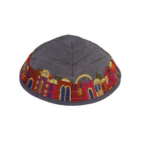 Tallit Prayer Shawl 100% Kosher Embroidered With Old City Of Jerusalem Include Matching Bag & Yarmulka, Gray Color