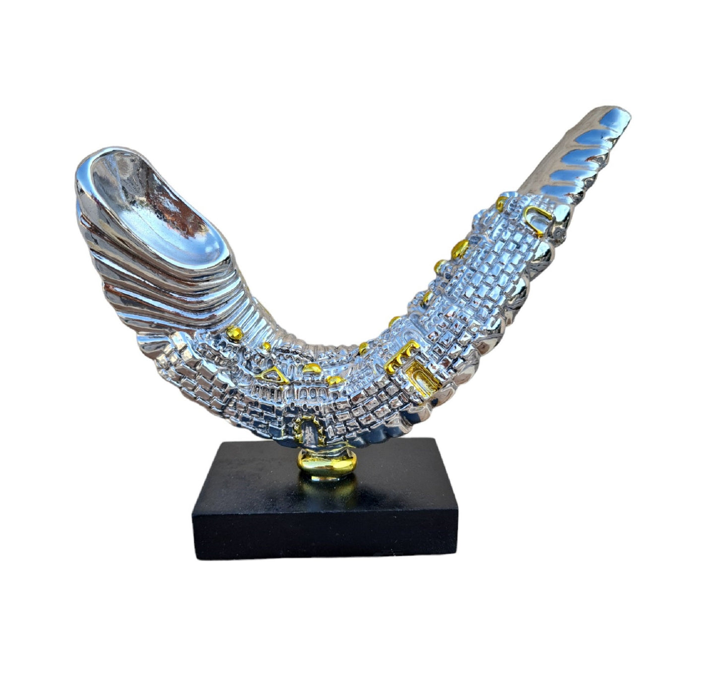 Jerusalem Silver Plated Shofar Rams Horn , Replica of Jewish Shofar Silver Plated With Jerusalem View