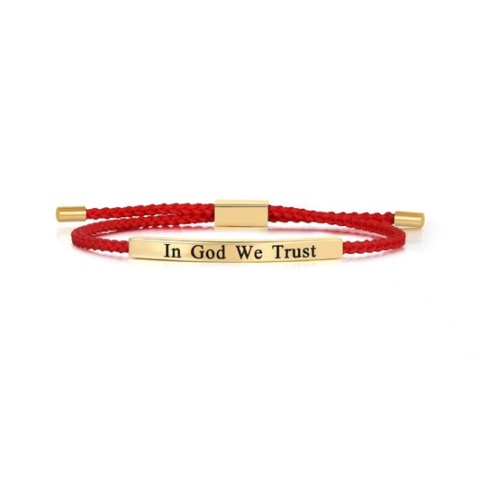In God We Trust Wool Bracelet Engraved on Golden Stainless Steel plate, Adjustable Size Jewish Gift **FAST shipping in USA 2-5**