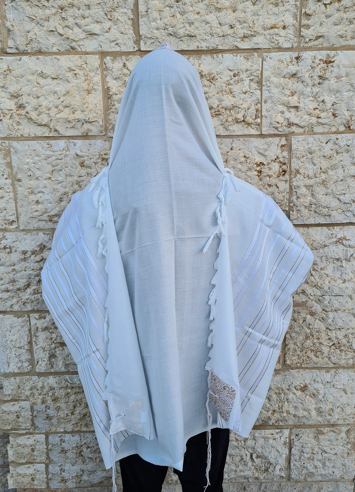 Jewish Bar Mitzvah Tallit Prayer Shawl 100% Kosher, White/Gold Stripes Tallis Made In Israel