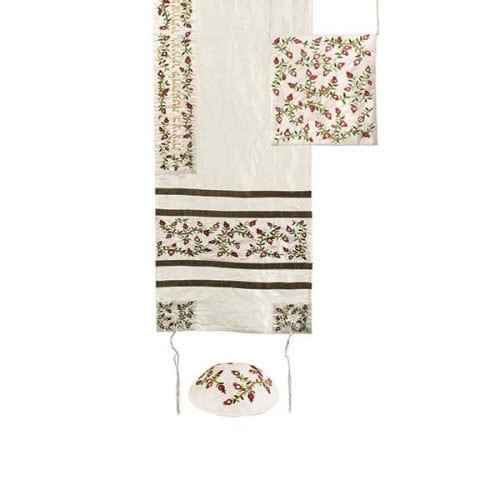 Women Tallit Prayer Shawl 100% Kosher Embroidered With pomegranates Include Matching Bag & yarmulka, White Color