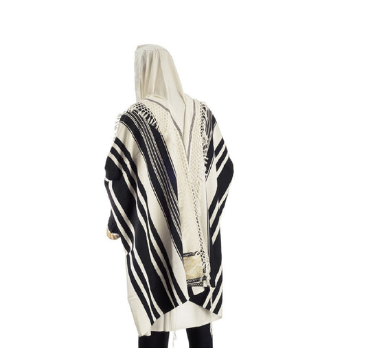 Yemenite Tallit 100% Wool Tallit Kosher Prayer Shawl, Black Stripes with special net shape hand-tied fringes Made In Israel