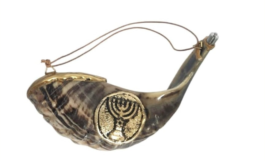 Natural ram's horn anointing oil vessel with gold-tone lid, menorah emblem and hanging cord