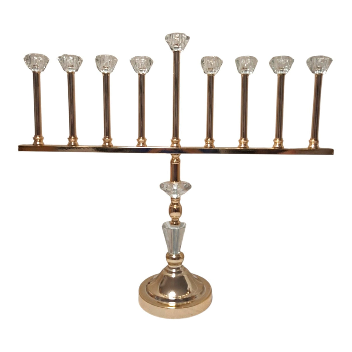 Crystal 9 branch Hanukkah menorah with gold tone stand, front view
