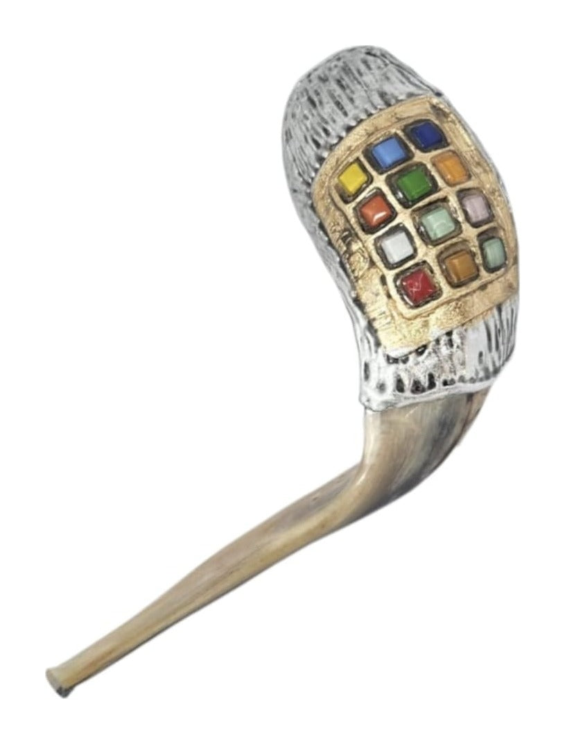 Ram's horn shofar with silver-tone textured finish and gold-tone plate set with 12 colored stones, side view