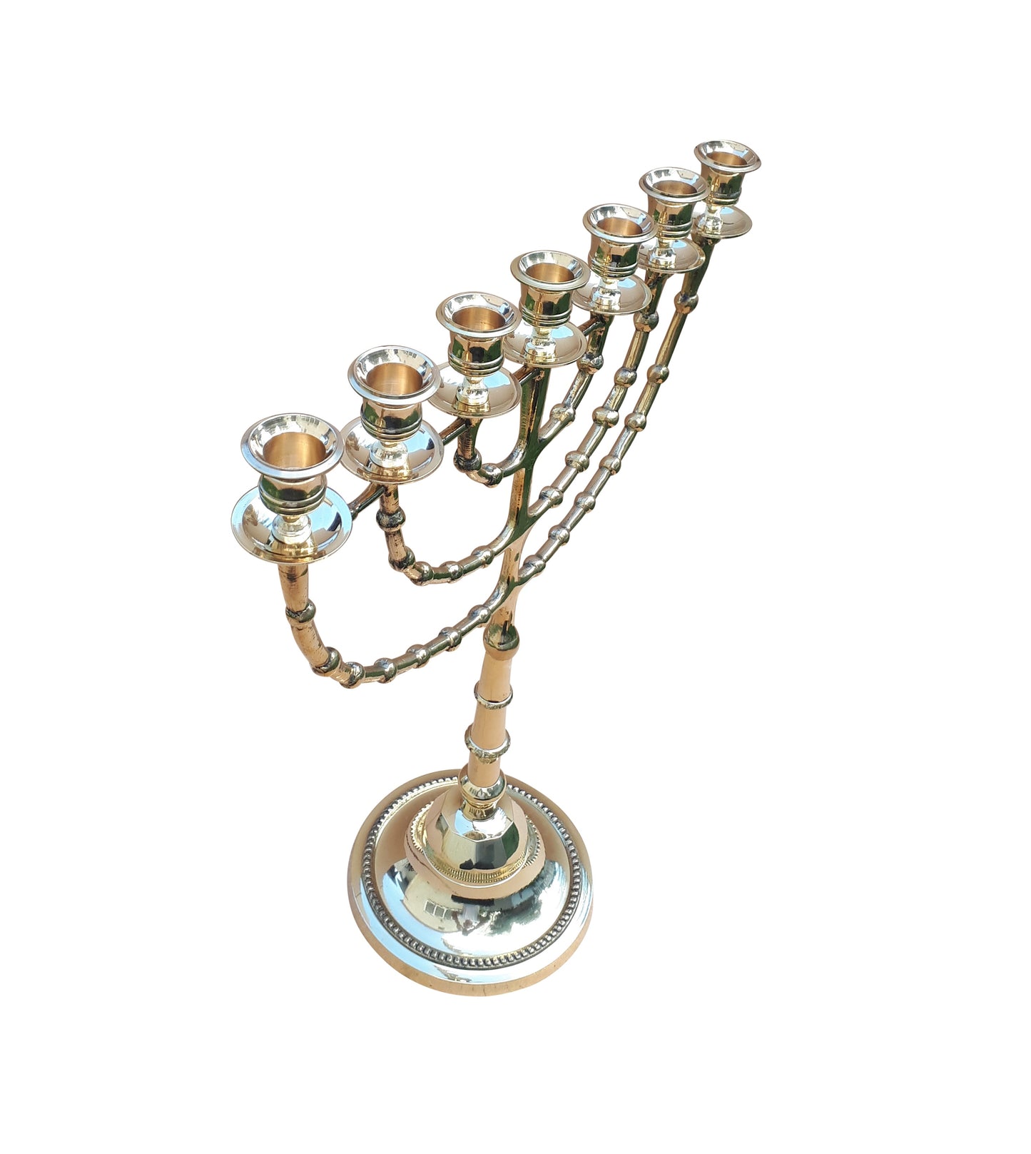 Yellow Copper Seven Branch Menorah – Elegant Temple Style Judaica from Israel