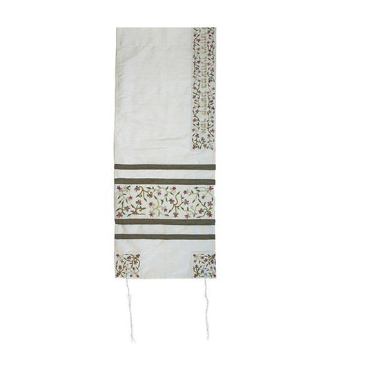 White women's tallit with floral vine embroidery, olive borders and white tzitzit