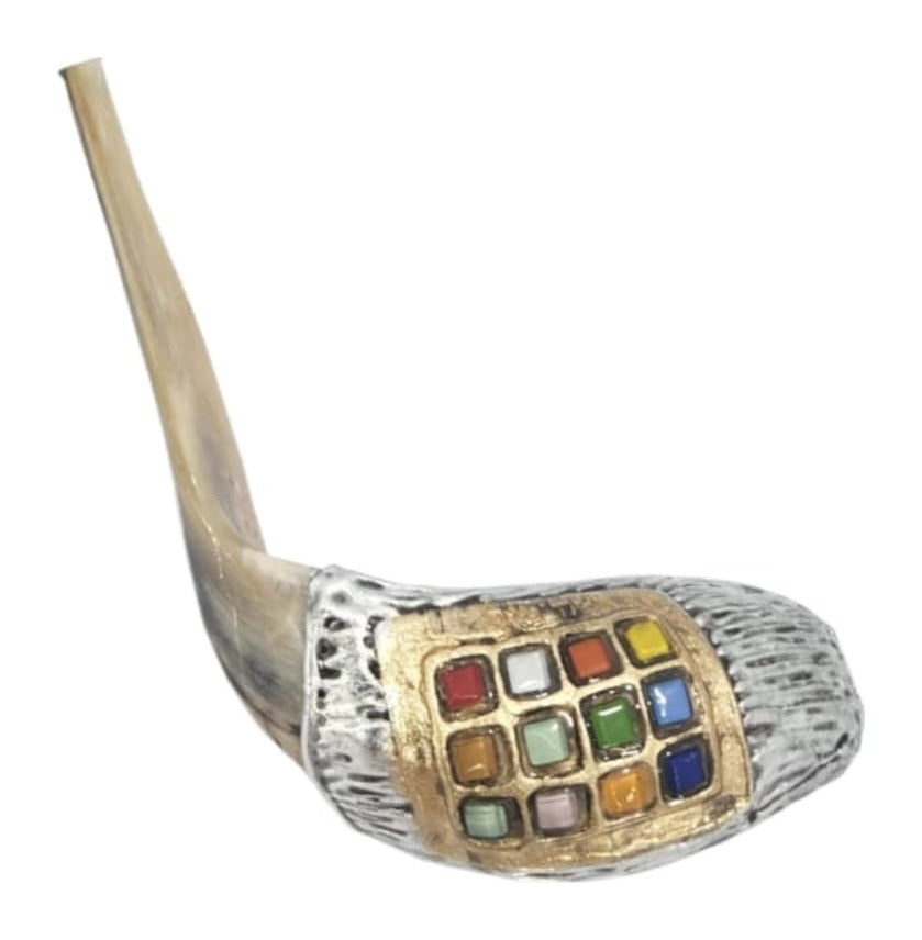 Ram's horn shofar with long curved horn, silver-tone finish and gold-tone 12 stones plate, front view