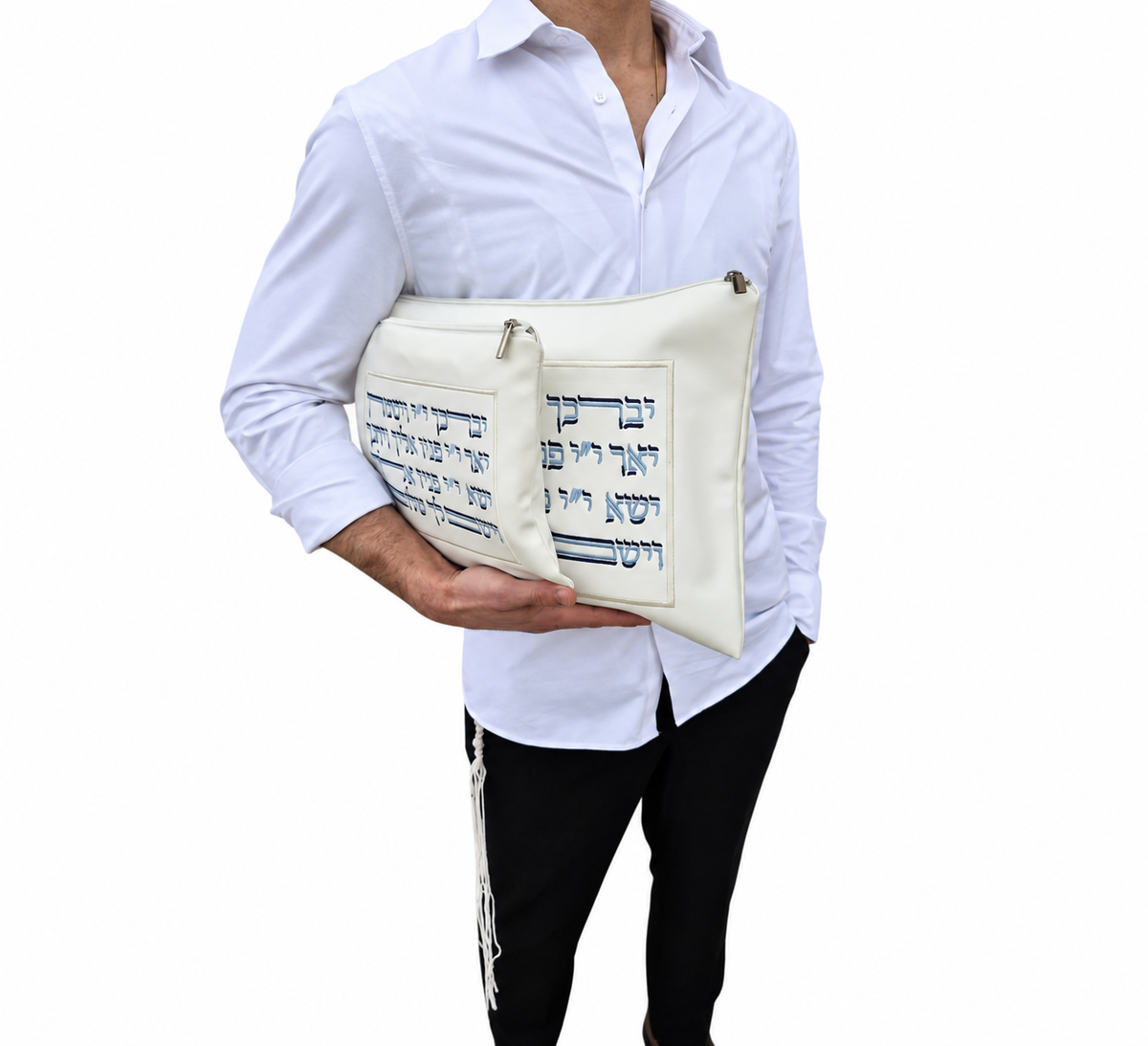 White faux leather tallit and tefillin bag set with blue embroidered Priestly Blessing in Hebrew, front view on white background