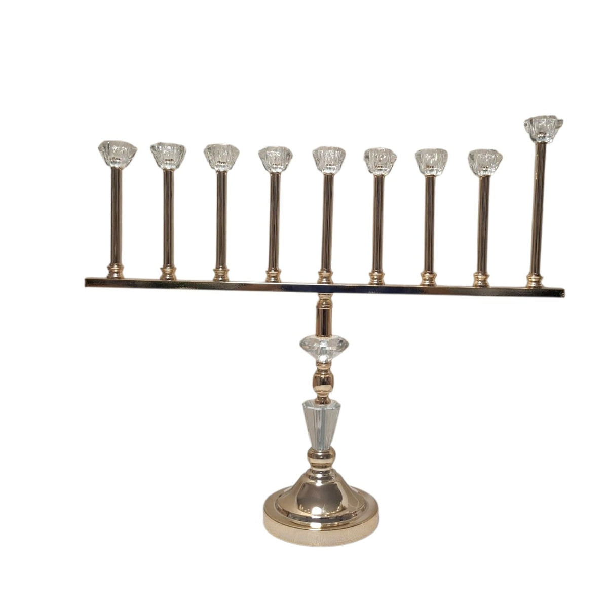 Crystal Hanukkah menorah with gold tone stand, straight front view