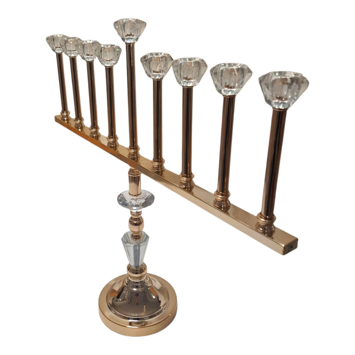 Crystal 9 branch Hanukkah menorah with gold tone stand, angled view