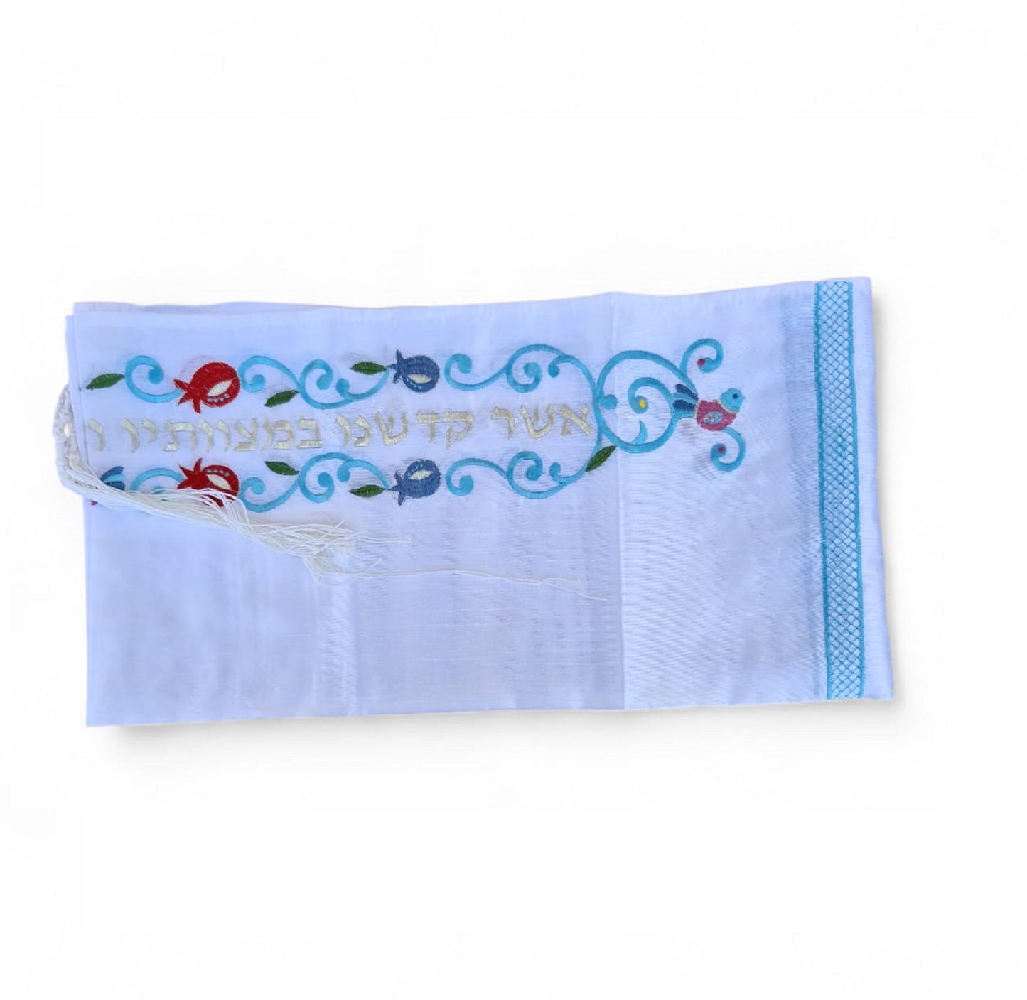 Tallit Prayer Shawl For Women 100% Kosher Embroidered WitH Pomegranates and Flowers Include Matching Bag & yarmulka