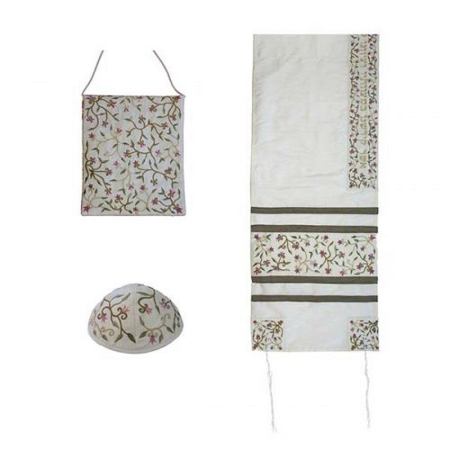 Women Tallit Prayer Shawl  100% Kosher Embroidered With Flowers Include Matching Bag & yarmulka, White Color