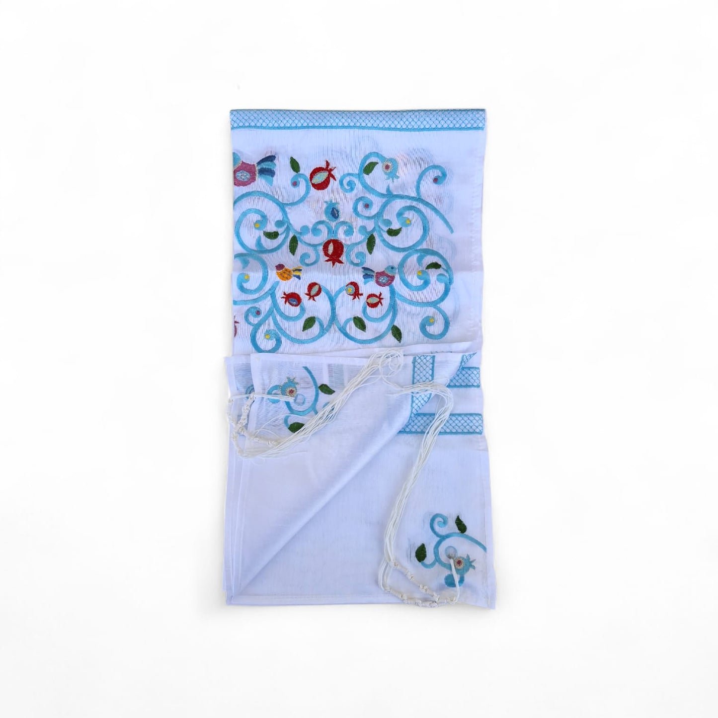Tallit Prayer Shawl For Women 100% Kosher Embroidered WitH Pomegranates and Flowers Include Matching Bag & yarmulka