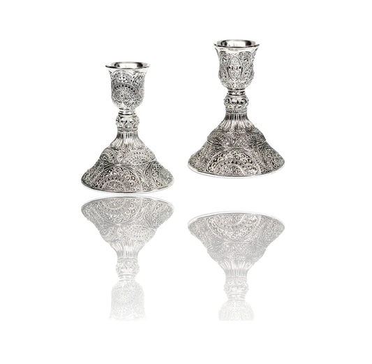 Silver Plated Filigree Shabbat Candlesticks – Pair of Jewish Sabbath Candle Holders, 4 Inch (Copy)
