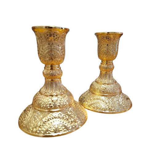 Gold Plated Filigree Shabbat Candlesticks – Pair of Jewish Sabbath Candle Holders, 4 Inch