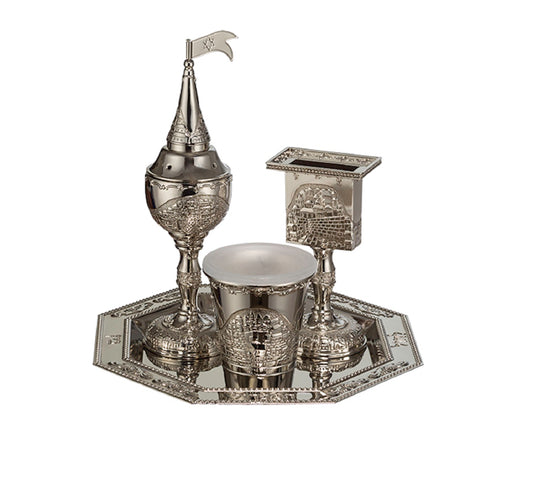 Havdalah Set,Nickel Coated , Havdallah candle Holder, Besamim Box And Wine Cup & Tray