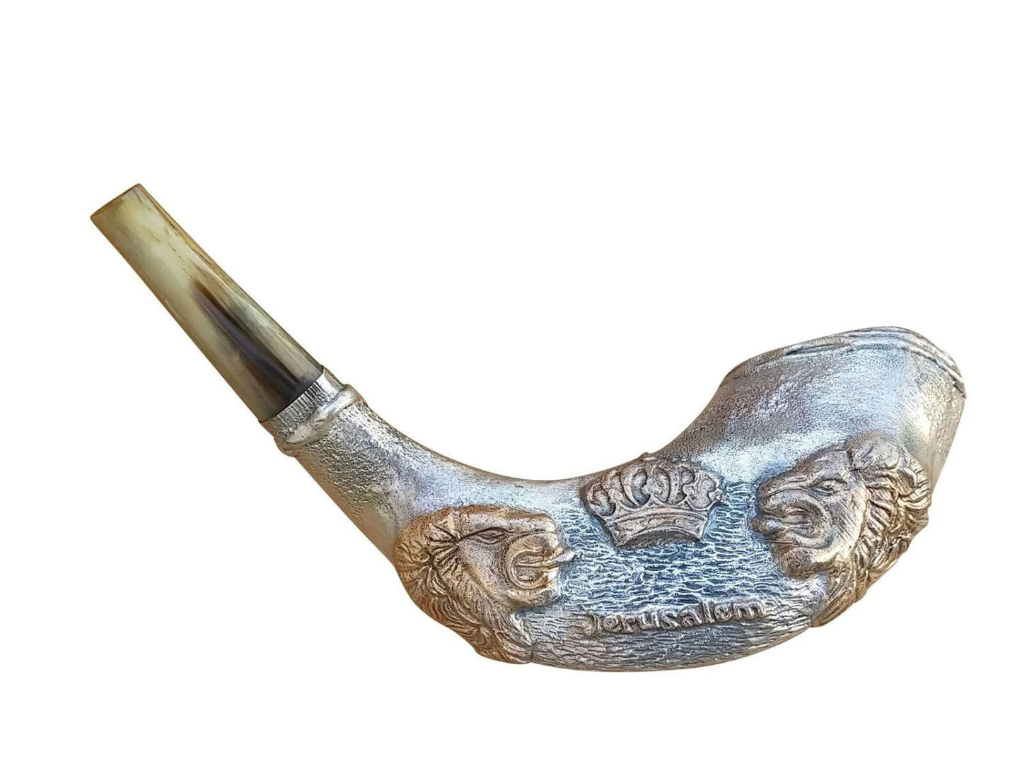 Jewish Shofar Ram Horn 12-14 Inch with Silver Plated Lions Of Judah