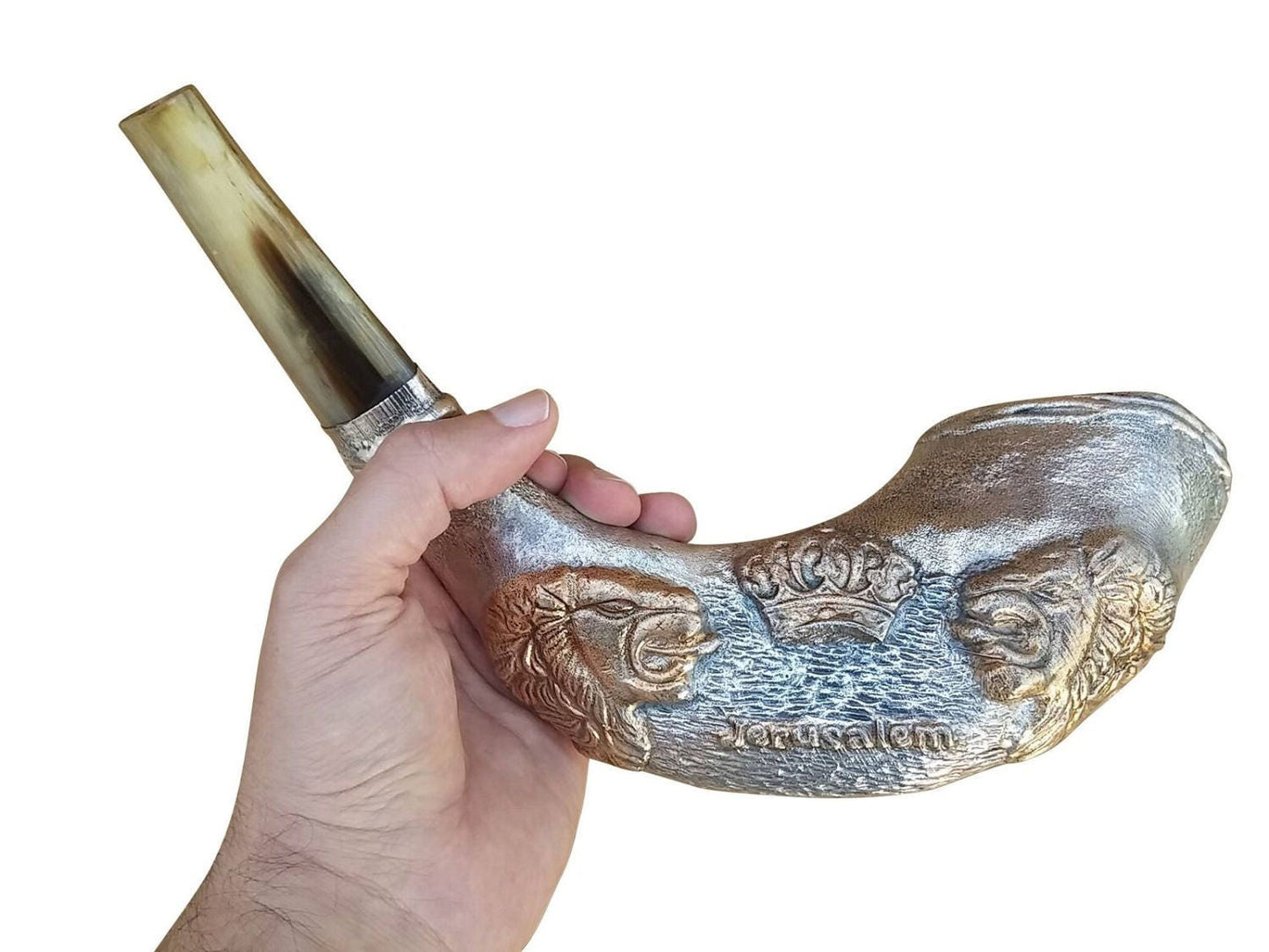 Jewish Shofar Ram Horn 12-14 Inch with Silver Plated Lions Of Judah