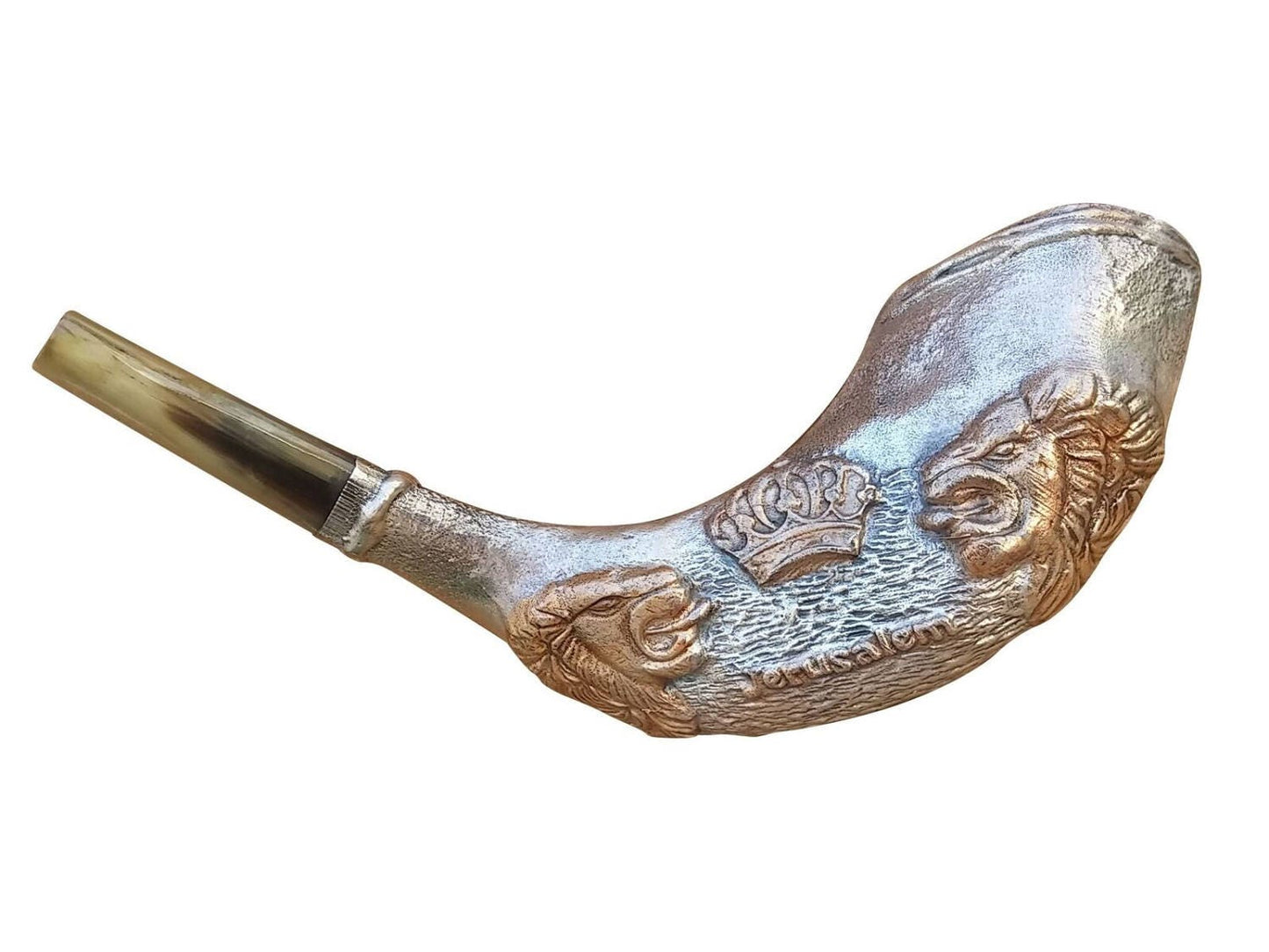 Jewish Shofar Ram Horn 12-14 Inch with Silver Plated Lions Of Judah