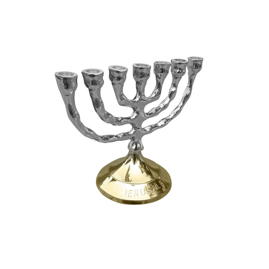 Mini Jerusalem Seven Branches Menorah 3.3 Inches Height Brass/Copper Silver Plated