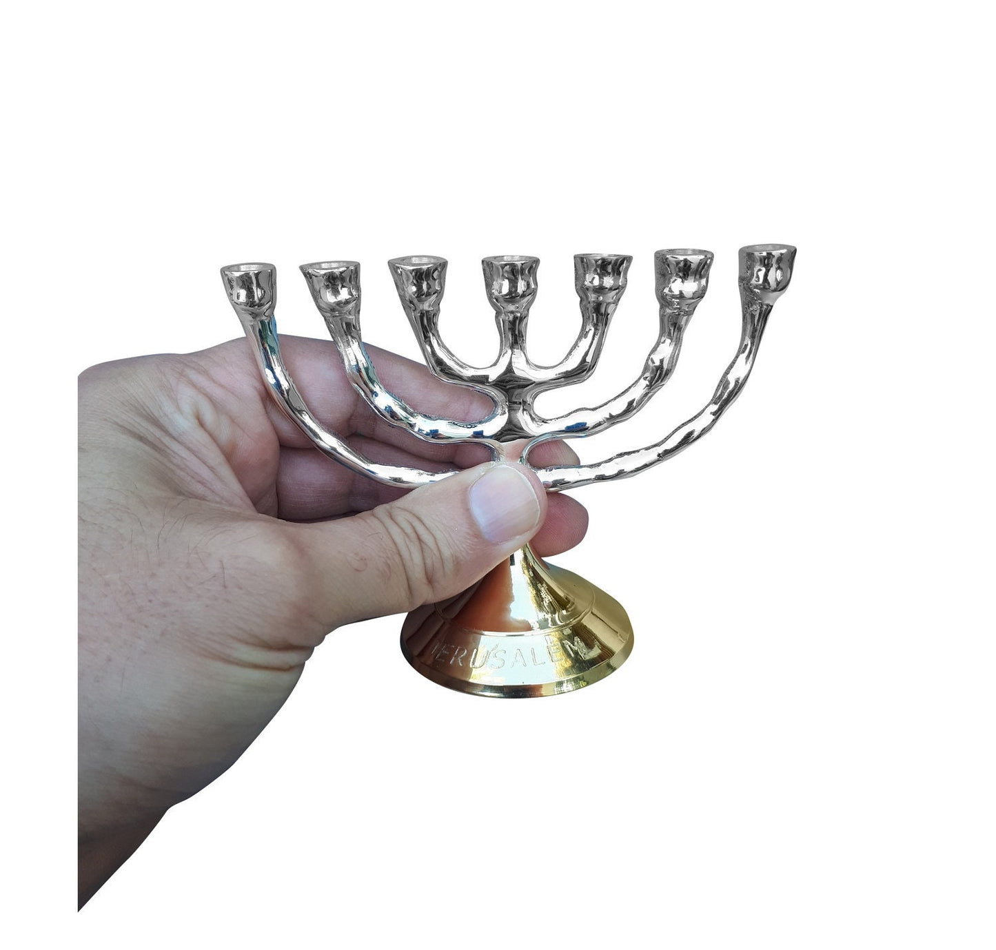 Mini Jerusalem Seven Branches Menorah 3.3 Inches Height Brass/Copper Silver Plated