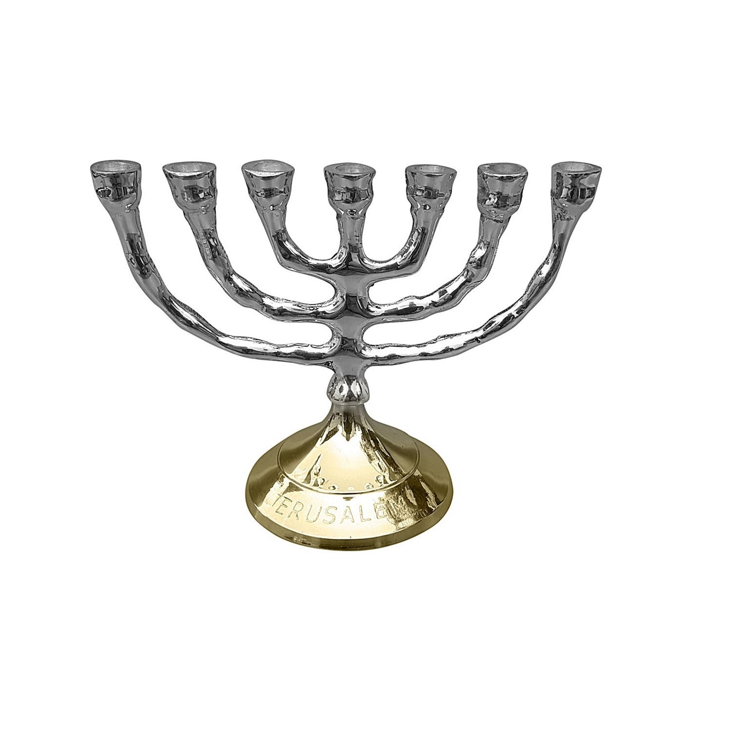 Mini Jerusalem Seven Branches Menorah 3.3 Inches Height Brass/Copper Silver Plated