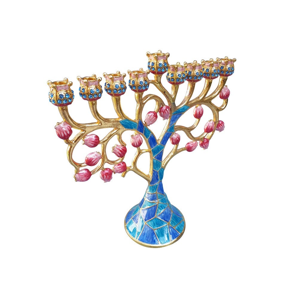 9 Brach Menorah - Hanukkah Chanukkah Menorah 6.3 Inch Height Decorated With Enamel