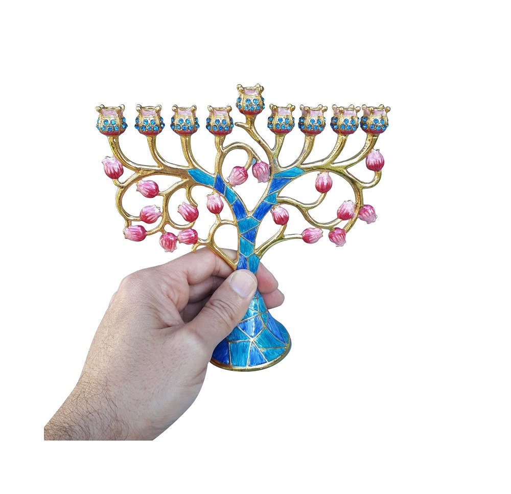 9 Brach Menorah - Hanukkah Chanukkah Menorah 6.3 Inch Height Decorated With Enamel