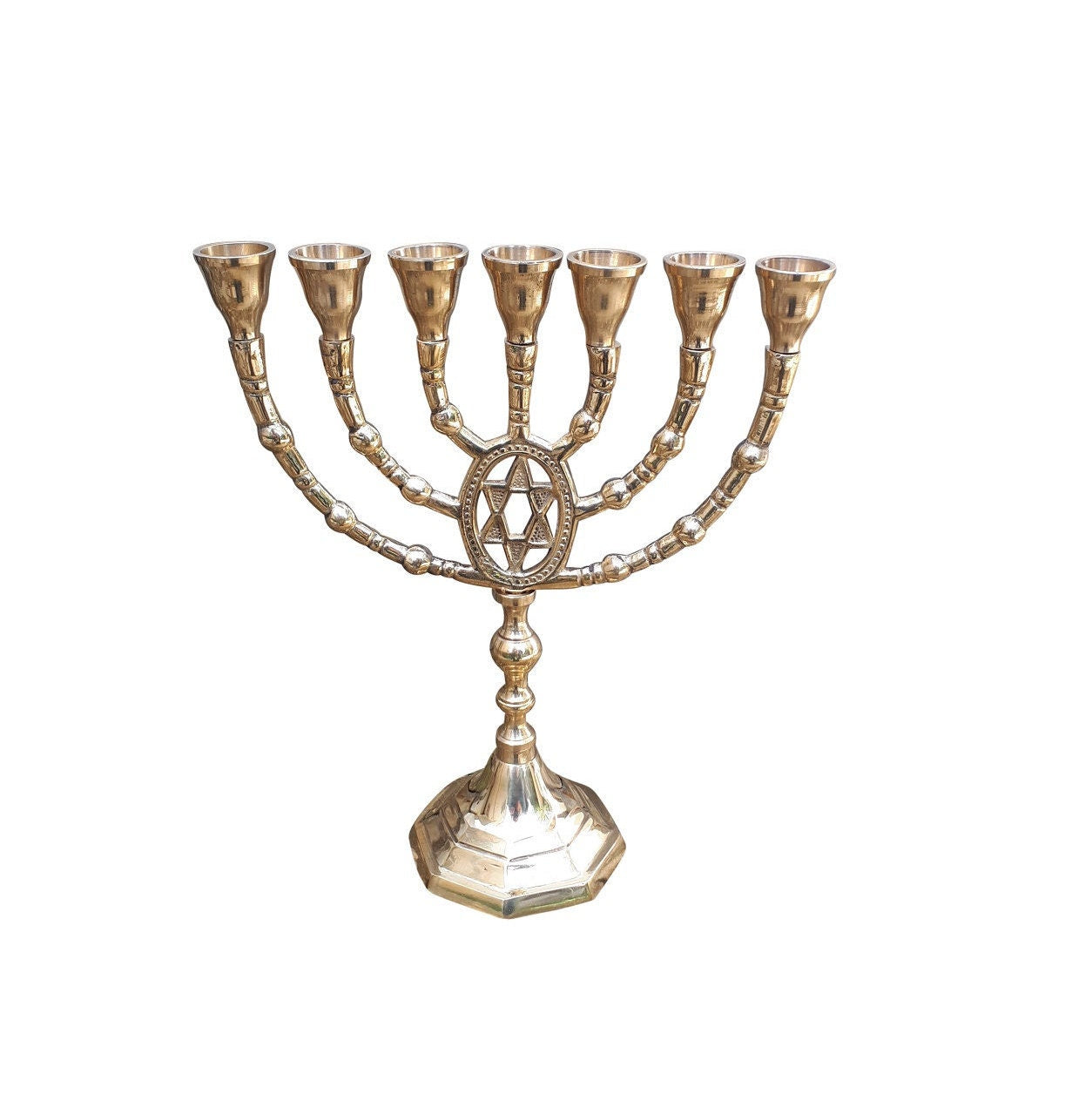 Seven Branches Menorah 9.5 Inches Height Brass/Copper With Star of David